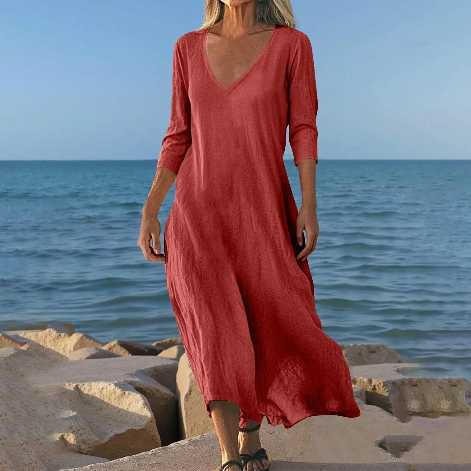 Cotton Linen Dresses for Women Casual Loose V Neck 3/4 Or Sleeveless Sundress,Summer Flowy Midi Beach Vacation Dress