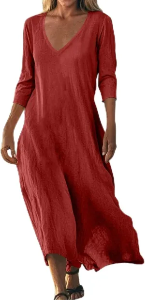 Cotton Linen Dresses for Women Casual Loose V Neck 3/4 Or Sleeveless Sundress,Summer Flowy Midi Beach Vacation Dress