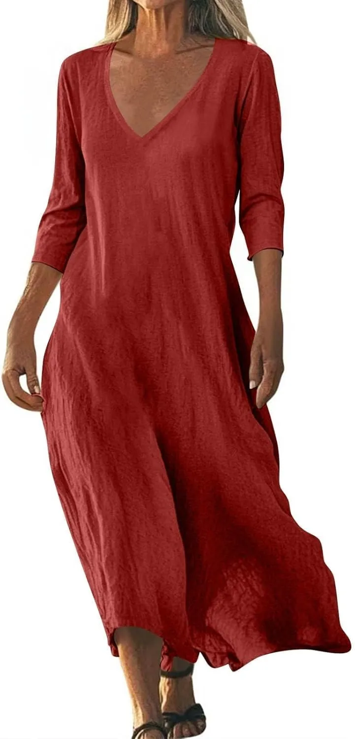 Cotton Linen Dresses for Women Casual Loose V Neck 3/4 Or Sleeveless Sundress,Summer Flowy Midi Beach Vacation Dress