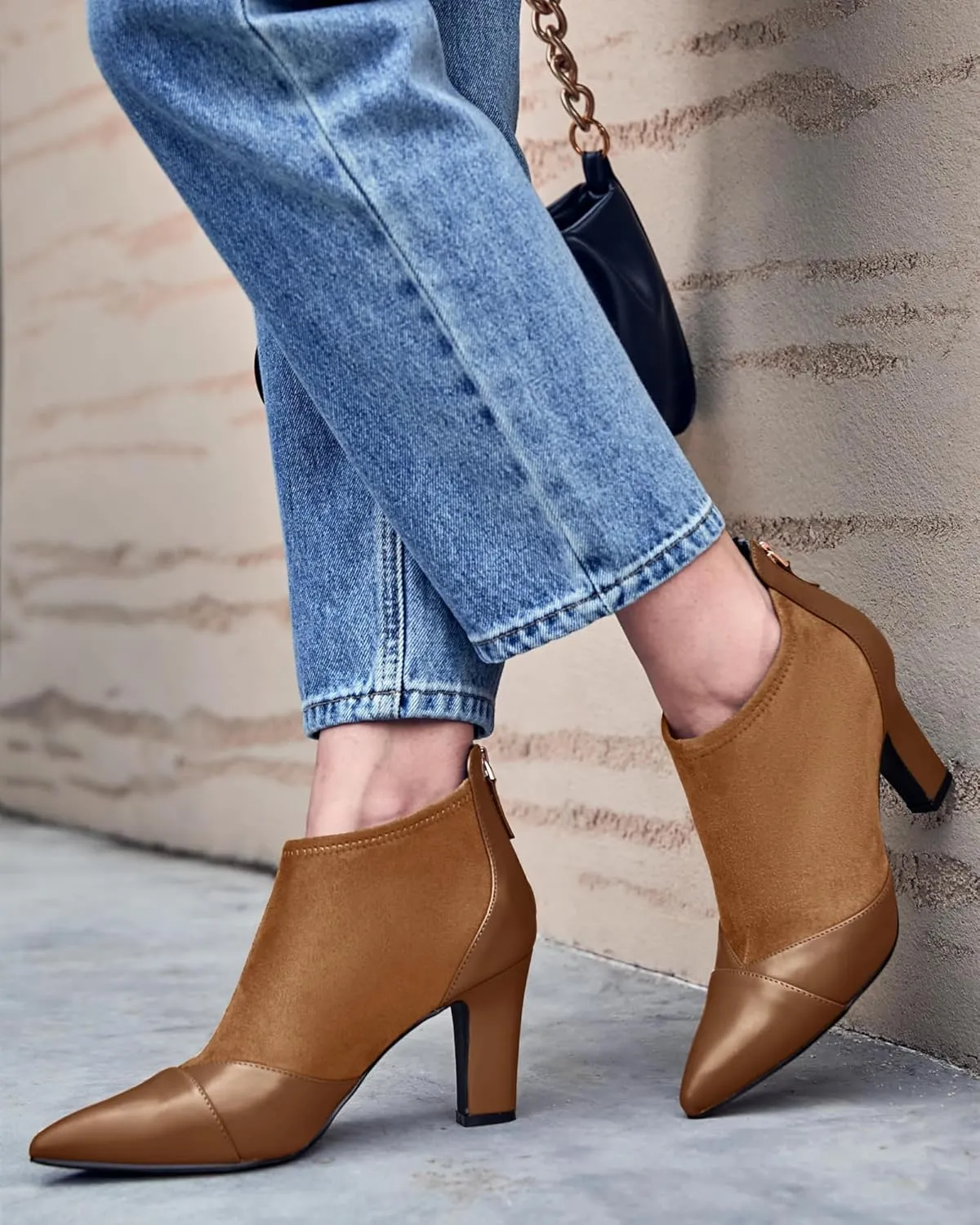 Coutgo Womens Ankle Booties Dress Boots Pointed Toe Stiletto High Heel Splicing Booties Shoes with Back Zipper