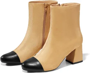 Coutgo Womens Ankle Boots Chunky Block Heel Two Tone Round Toe Side Zipper Dress Fall Booties Shoes