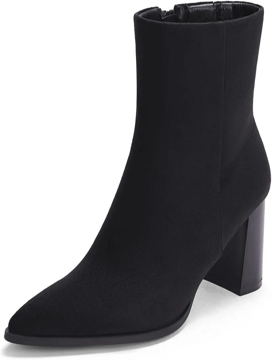 Coutgo Womens Ankle Boots Pointed Toe Chunky Stacked Heel Side Zipper Dress Fall Booties Shoes