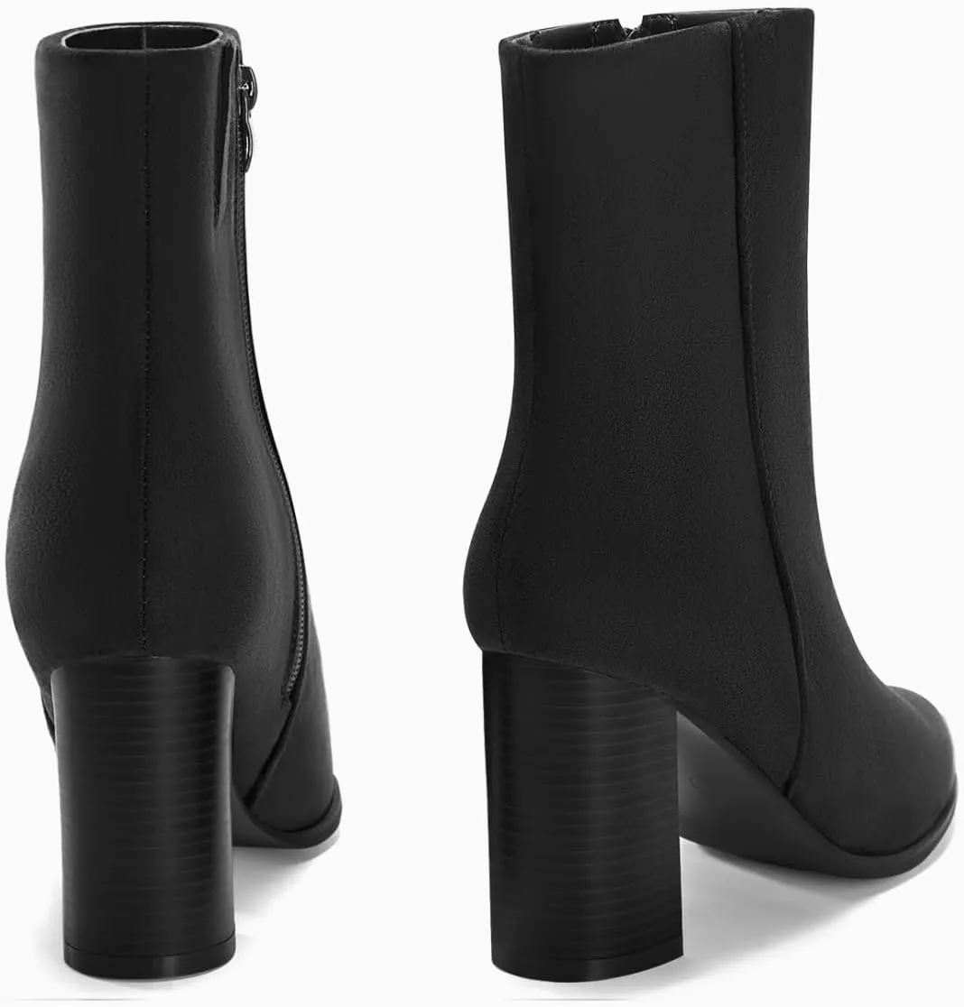 Coutgo Womens Ankle Boots Pointed Toe Chunky Stacked Heel Side Zipper Dress Fall Booties Shoes