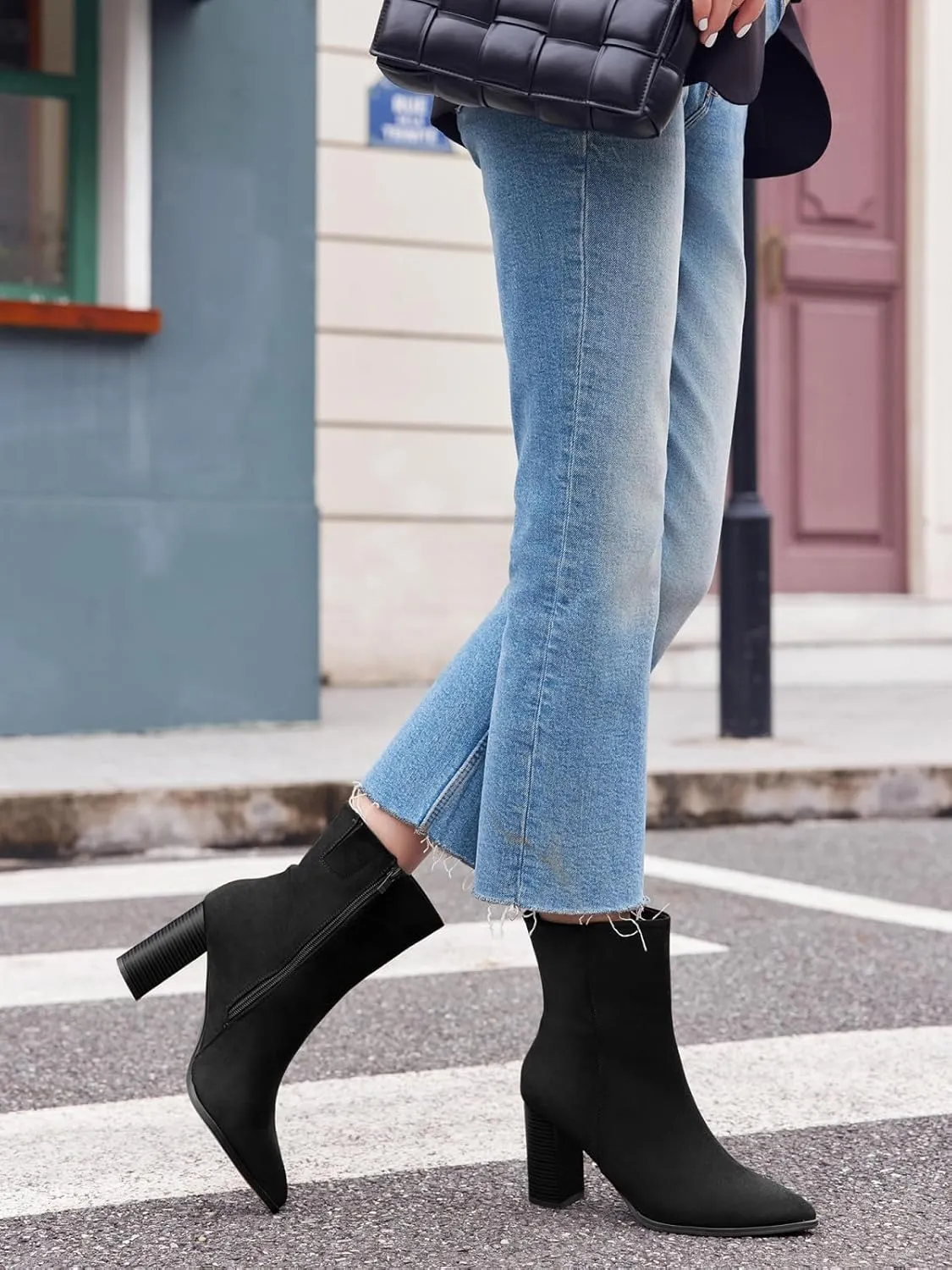 Coutgo Womens Ankle Boots Pointed Toe Chunky Stacked Heel Side Zipper Dress Fall Booties Shoes