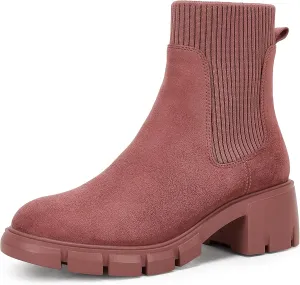 Coutgo Women’s Chelsea Platform Ankle Boots Elastic Slip On Chunky Block Heel Lug Sole Booties