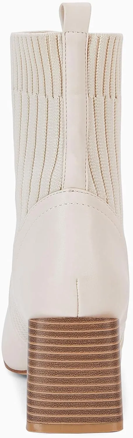 Coutgo Women's Chunky Heel Ankle Boots Square Toe Slip On Sock Booties Elastic Chelsea Boot