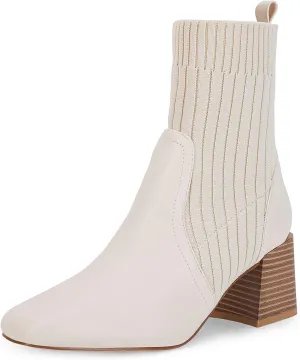 Coutgo Women's Chunky Heel Ankle Boots Square Toe Slip On Sock Booties Elastic Chelsea Boot