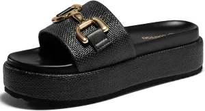 Coutgo Womens Platform Sandals Raffia Espadrilles Metal Chain Slip on Open Toe Cute Beach Slide Sandals