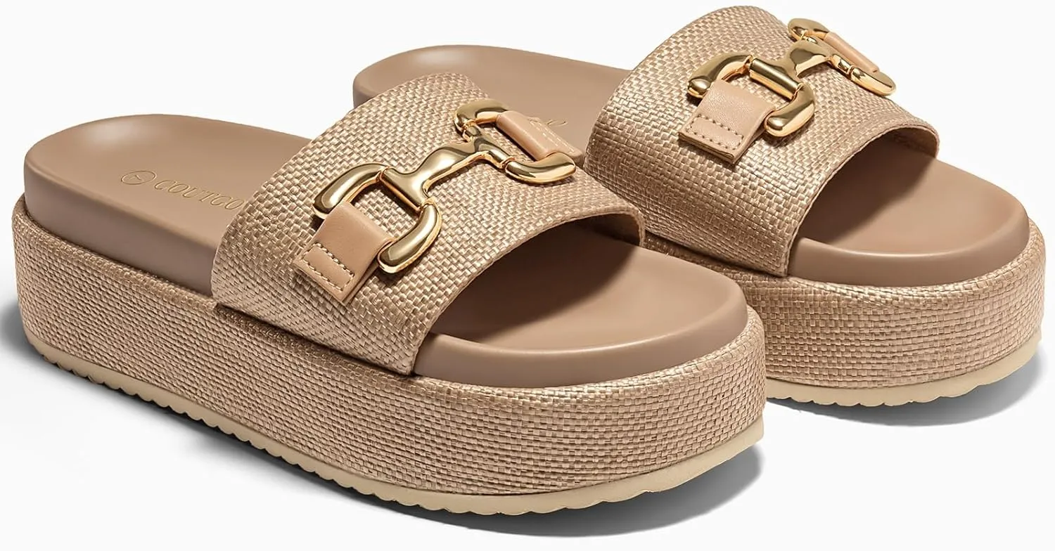 Coutgo Womens Platform Sandals Raffia Espadrilles Metal Chain Slip on Open Toe Cute Beach Slide Sandals