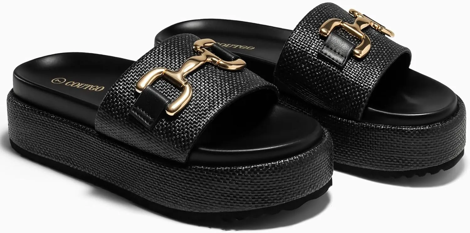 Coutgo Womens Platform Sandals Raffia Espadrilles Metal Chain Slip on Open Toe Cute Beach Slide Sandals