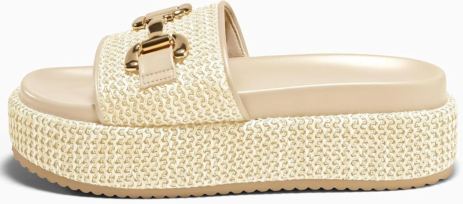 Coutgo Womens Platform Sandals Raffia Espadrilles Metal Chain Slip on Open Toe Cute Beach Slide Sandals