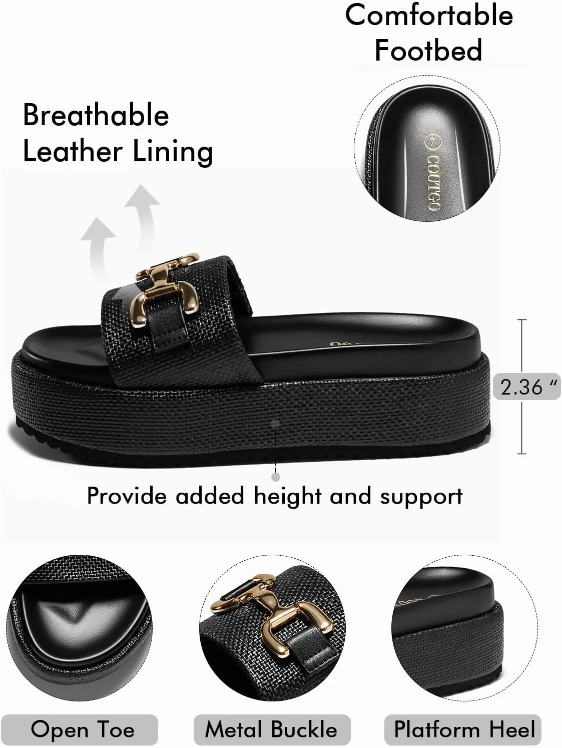 Coutgo Womens Platform Sandals Raffia Espadrilles Metal Chain Slip on Open Toe Cute Beach Slide Sandals