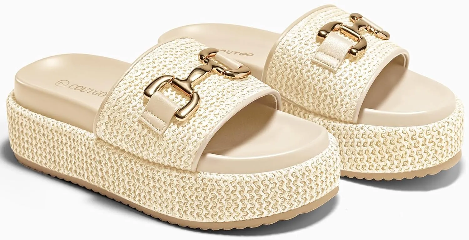 Coutgo Womens Platform Sandals Raffia Espadrilles Metal Chain Slip on Open Toe Cute Beach Slide Sandals