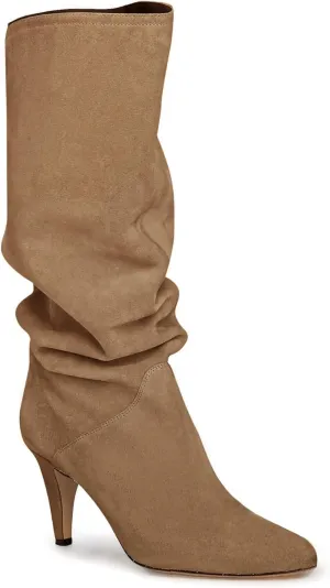 Coutgo Womens Slouchy Knee High Boots Wide Calf Kitten Heel Pointed Toe Pull On Long Boots Winter Shoes