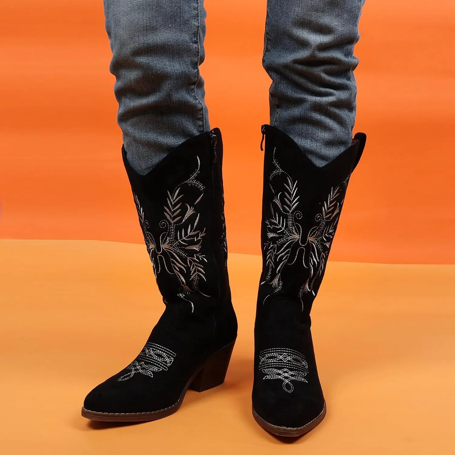 Cowboy Boots for Women Classic Embroidered Pointy Toe Cowgirl Boot, Western Mid Calf Side Zipper Chunky Heel Cowgirl Boots