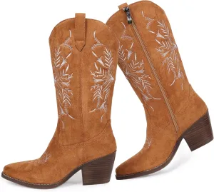 Cowboy Boots for Women Classic Embroidered Pointy Toe Cowgirl Boot, Western Mid Calf Side Zipper Chunky Heel Cowgirl Boots