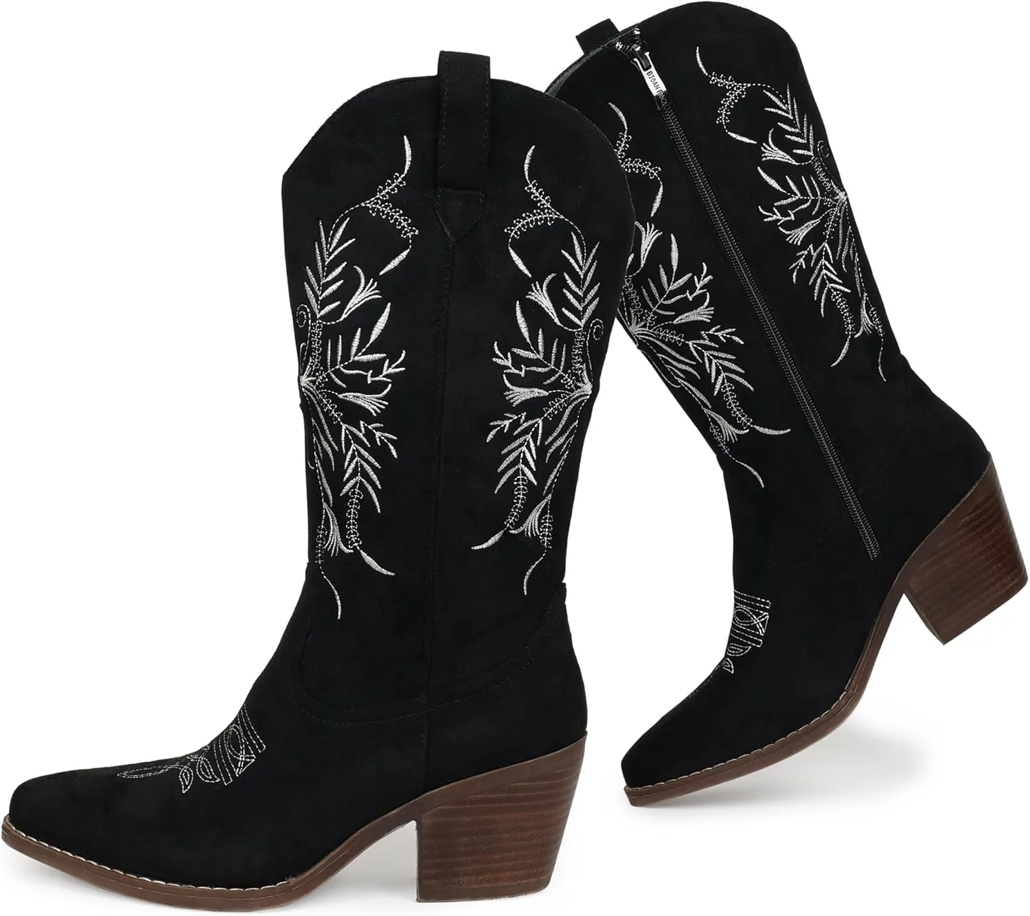 Cowboy Boots for Women Classic Embroidered Pointy Toe Cowgirl Boot, Western Mid Calf Side Zipper Chunky Heel Cowgirl Boots