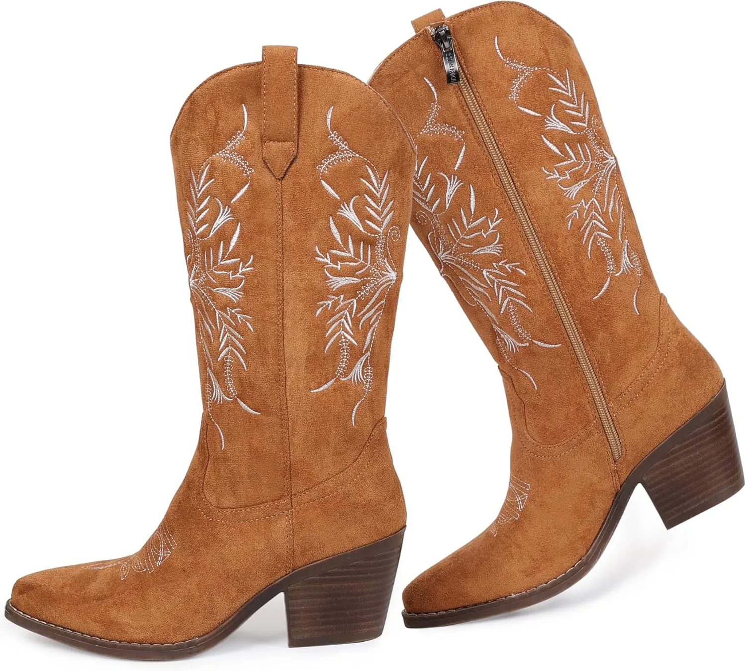 Cowboy Boots for Women Classic Embroidered Pointy Toe Cowgirl Boot, Western Mid Calf Side Zipper Chunky Heel Cowgirl Boots