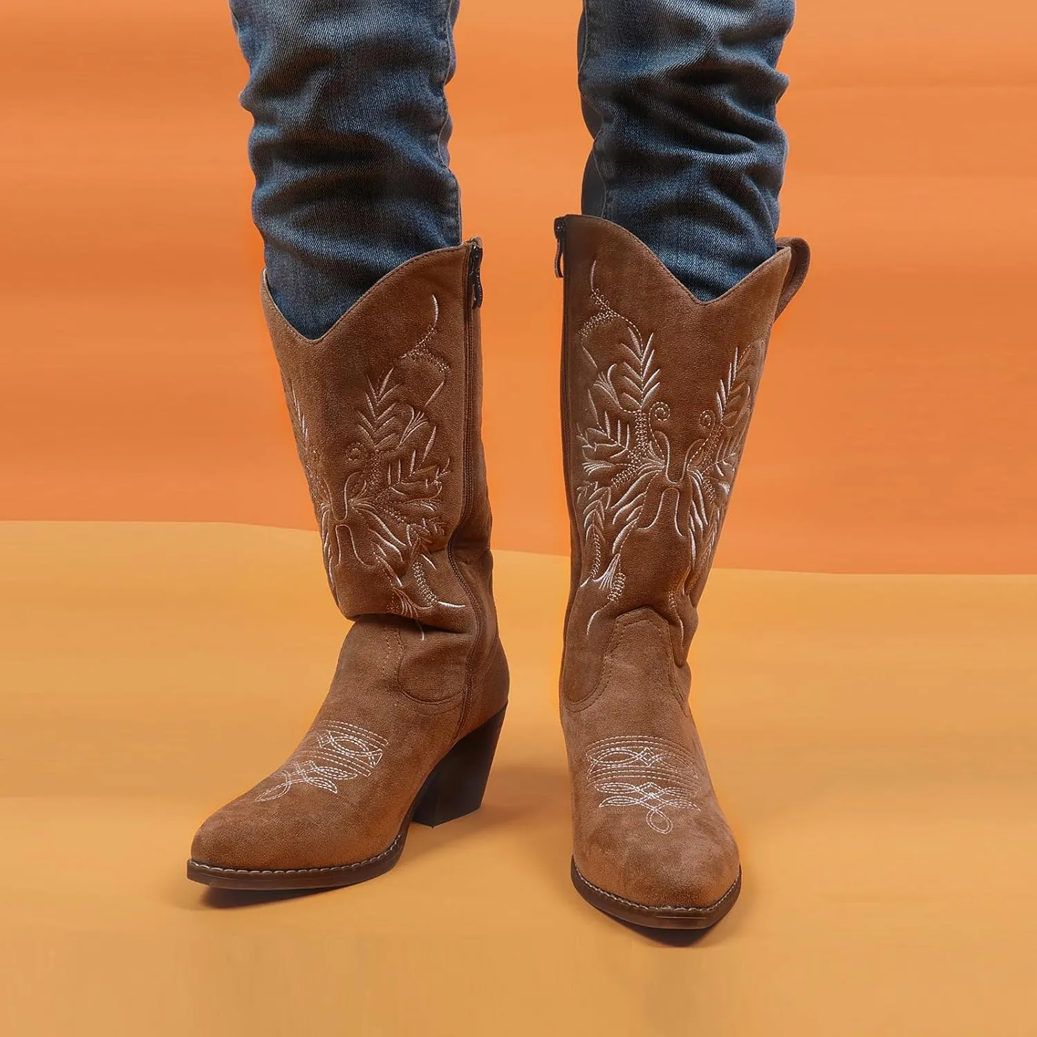 Cowboy Boots for Women Classic Embroidered Pointy Toe Cowgirl Boot, Western Mid Calf Side Zipper Chunky Heel Cowgirl Boots