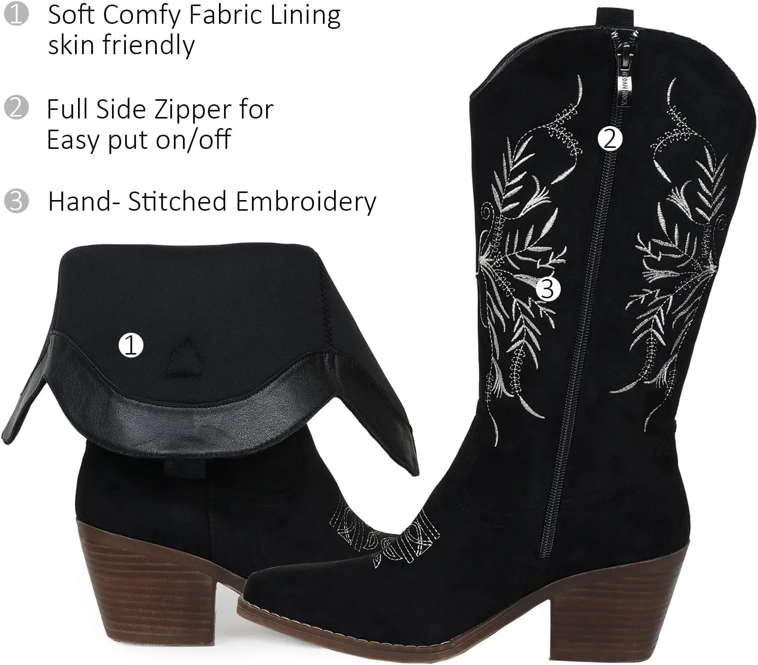 Cowboy Boots for Women Classic Embroidered Pointy Toe Cowgirl Boot, Western Mid Calf Side Zipper Chunky Heel Cowgirl Boots
