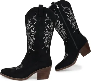 Cowboy Boots for Women Classic Embroidered Pointy Toe Cowgirl Boot, Western Mid Calf Side Zipper Chunky Heel Cowgirl Boots