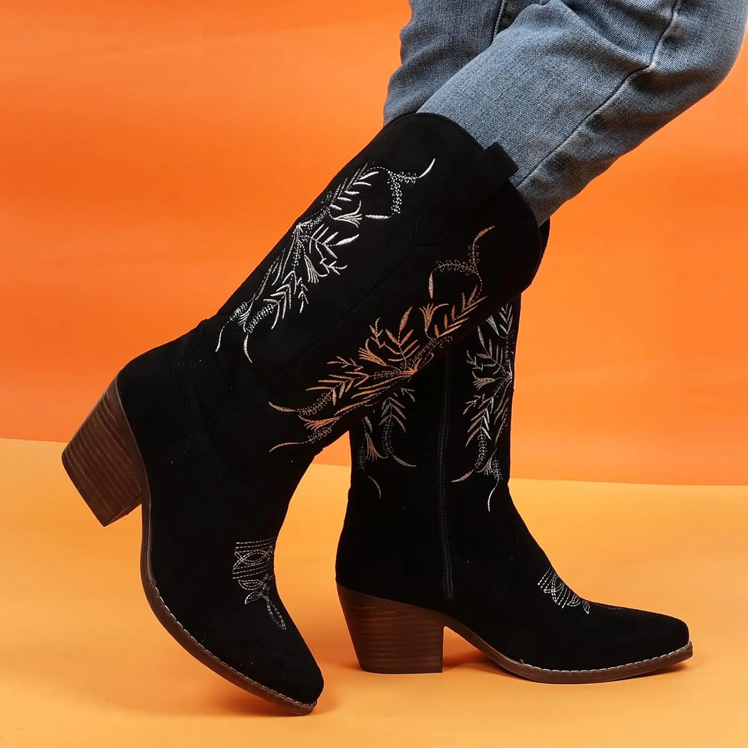 Cowboy Boots for Women Classic Embroidered Pointy Toe Cowgirl Boot, Western Mid Calf Side Zipper Chunky Heel Cowgirl Boots