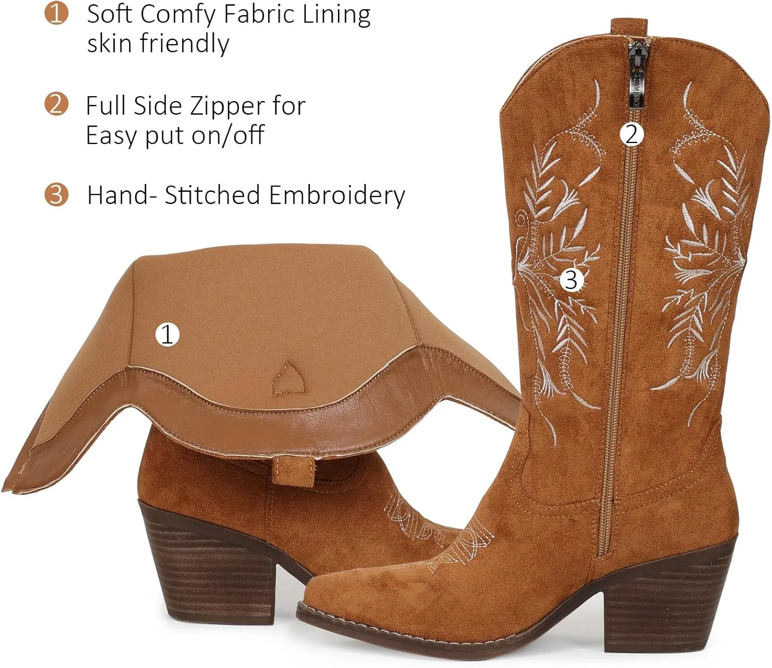 Cowboy Boots for Women Classic Embroidered Pointy Toe Cowgirl Boot, Western Mid Calf Side Zipper Chunky Heel Cowgirl Boots