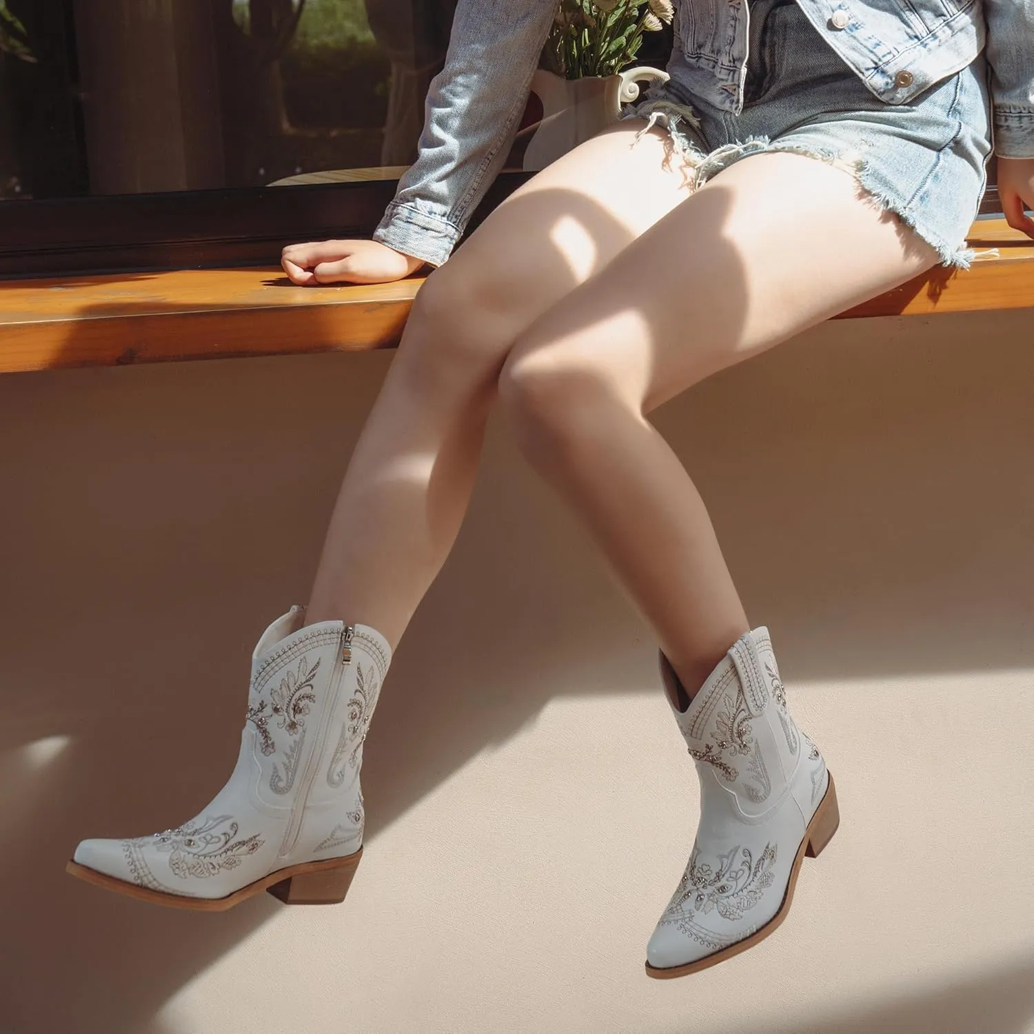 Cowboy Boots for Women, Cowgirl Boots with Sparkly Embroidered Rhinestones, Short Western Ankle Boots for Women with Side Zipper Pull On