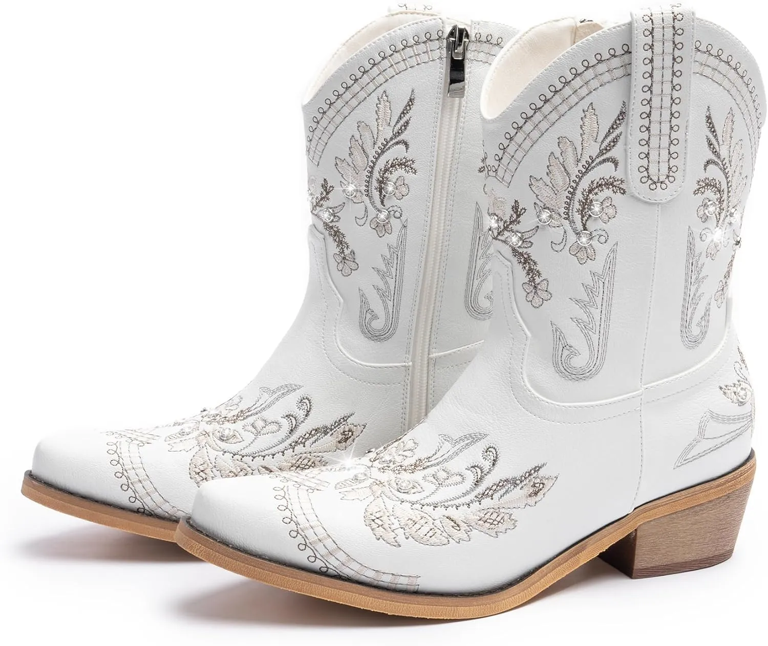 Cowboy Boots for Women, Cowgirl Boots with Sparkly Embroidered Rhinestones, Short Western Ankle Boots for Women with Side Zipper Pull On