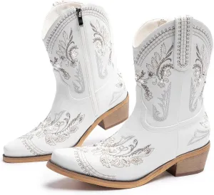 Cowboy Boots for Women, Cowgirl Boots with Sparkly Embroidered Rhinestones, Short Western Ankle Boots for Women with Side Zipper Pull On