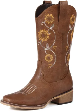 Cowboy Boots for Women - Mid Calf Western Sunflower Cowgirl Boots with Floral Embroidery, Square Toe Stitched Pull On Retro Design, Perfect for Country Idyll, Concerts and More