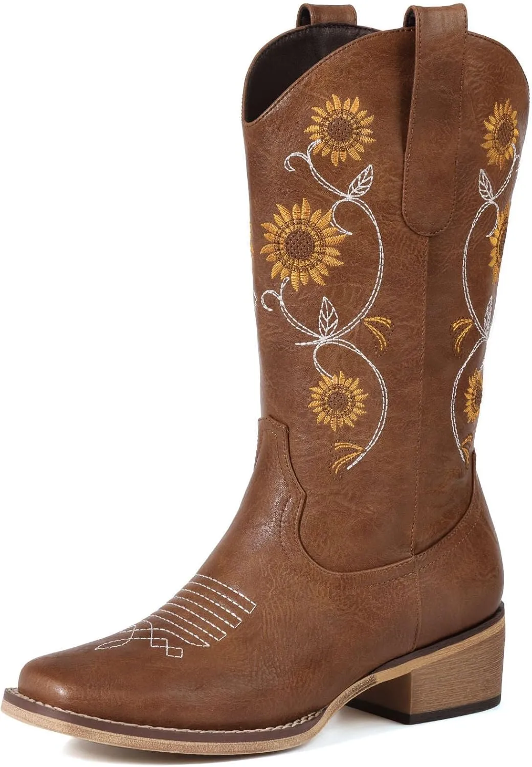 Cowboy Boots for Women - Mid Calf Western Sunflower Cowgirl Boots with Floral Embroidery, Square Toe Stitched Pull On Retro Design, Perfect for Country Idyll, Concerts and More
