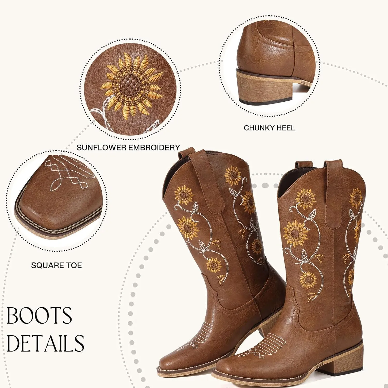 Cowboy Boots for Women - Mid Calf Western Sunflower Cowgirl Boots with Floral Embroidery, Square Toe Stitched Pull On Retro Design, Perfect for Country Idyll, Concerts and More