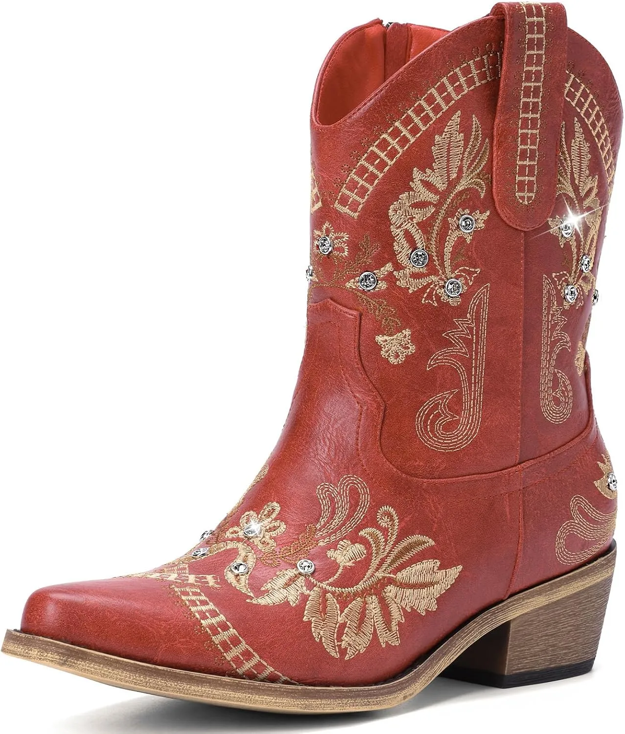 Cowboy Boots for Women - Western Embroidered Cowgirl Boots with Sparkly Rhinestone, Pointed Toe Chunky Heel Side Zipper Vintage Short Booties, Women's Ankle High Fashion Retro Country Booties