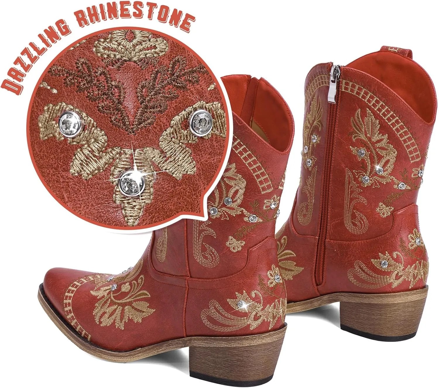 Cowboy Boots for Women - Western Embroidered Cowgirl Boots with Sparkly Rhinestone, Pointed Toe Chunky Heel Side Zipper Vintage Short Booties, Women's Ankle High Fashion Retro Country Booties