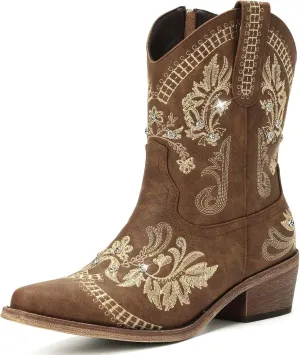 Cowboy Boots for Women - Western Embroidered Cowgirl Boots with Sparkly Rhinestone, Pointed Toe Chunky Heel Side Zipper Vintage Short Booties, Women's Ankle High Fashion Retro Country Booties