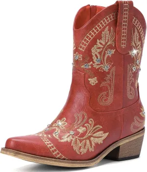 Cowboy Boots for Women - Western Embroidered Cowgirl Boots with Sparkly Rhinestone, Pointed Toe Chunky Heel Side Zipper Vintage Short Booties, Women's Ankle High Fashion Retro Country Booties