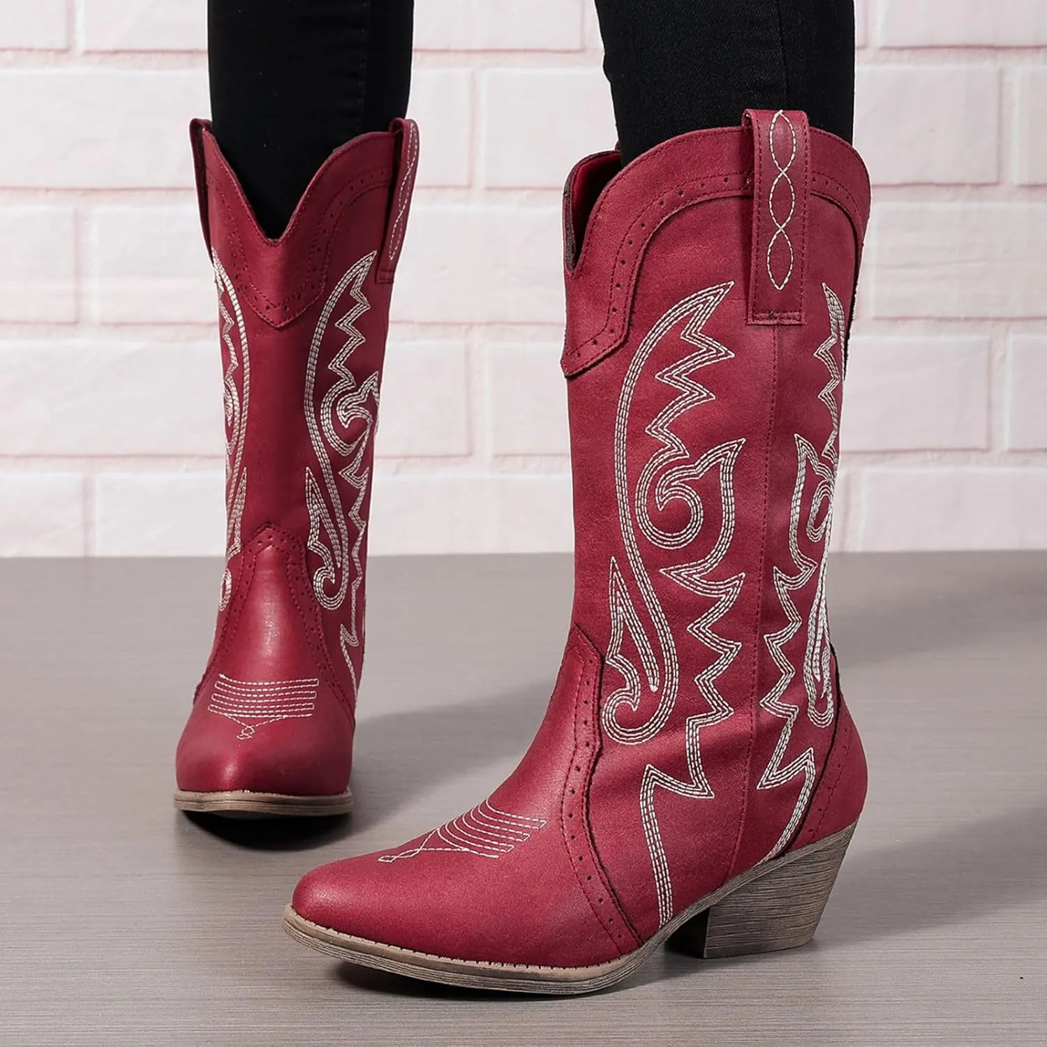 Cowboy Boots for Women Wide Calf Cowgirl Boots Pointed Toe Embroidery Stitched Fashion Western Boot Mid-Calf with Pull-on Tabs, US Size 5-11