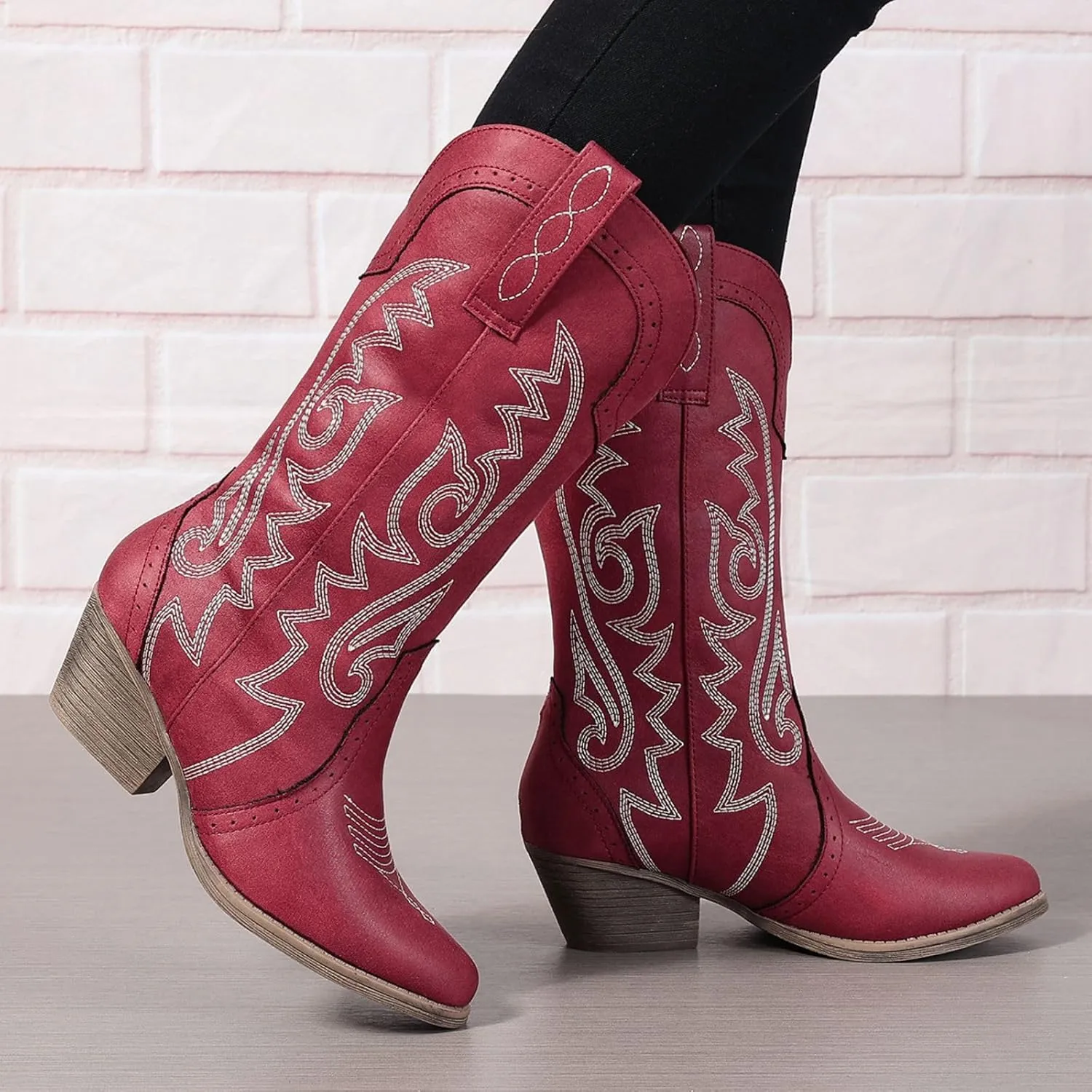 Cowboy Boots for Women Wide Calf Cowgirl Boots Pointed Toe Embroidery Stitched Fashion Western Boot Mid-Calf with Pull-on Tabs, US Size 5-11