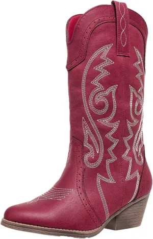 Cowboy Boots for Women Wide Calf Cowgirl Boots Pointed Toe Embroidery Stitched Fashion Western Boot Mid-Calf with Pull-on Tabs, US Size 5-11
