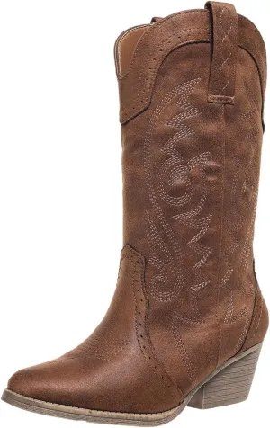 Cowboy Boots for Women Wide Calf Cowgirl Boots Pointed Toe Embroidery Stitched Fashion Western Boot Mid-Calf with Pull-on Tabs, US Size 5-11