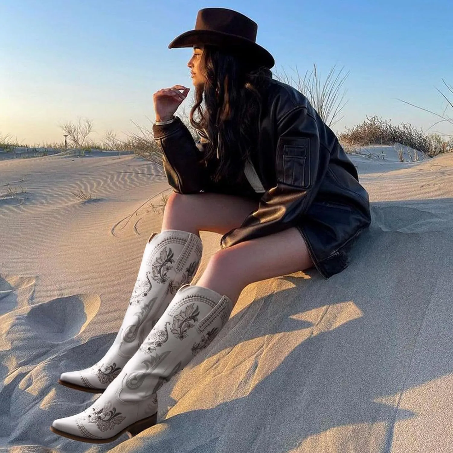 Cowboy Boots for Women - Wide Calf Knee High Cowgirl Boots, Glitter Sparkly Rhinestone Western Country Boots with Classic Embroidery, Pointed Toe Pull On Zipper Retro Boots