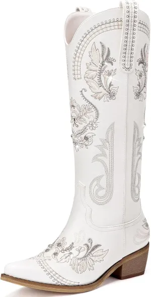 Cowboy Boots for Women - Wide Calf Knee High Cowgirl Boots, Glitter Sparkly Rhinestone Western Country Boots with Classic Embroidery, Pointed Toe Pull On Zipper Retro Boots