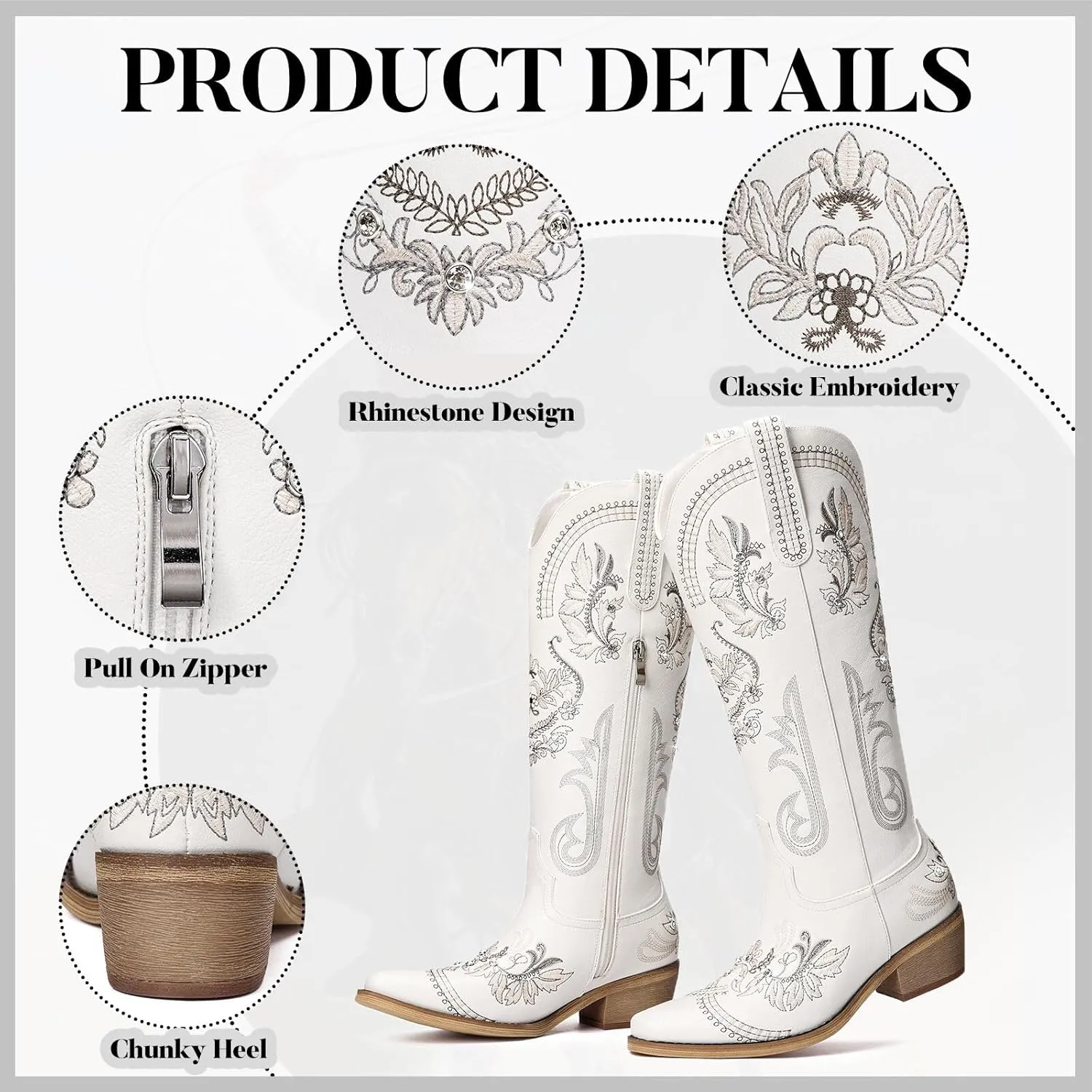 Cowboy Boots for Women - Wide Calf Knee High Cowgirl Boots, Glitter Sparkly Rhinestone Western Country Boots with Classic Embroidery, Pointed Toe Pull On Zipper Retro Boots