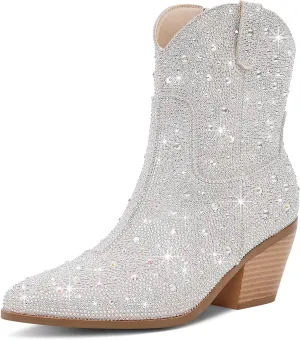 Cowgirl Ankle Boots Cowboy Boots for Women Western Booties Rhinestone Chunky Heel Fashion Comfortable Side Zipper