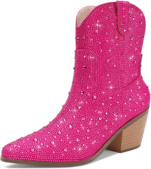Cowgirl Ankle Boots Cowboy Boots for Women Western Booties Rhinestone Chunky Heel Fashion Comfortable Side Zipper
