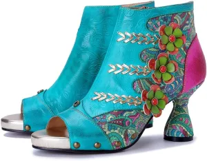 CrazycatZ Women's Vintage Peep Toe Ankle Boots, Floral Embossed Design, Chunky Heel Sandals, Multiple Colors