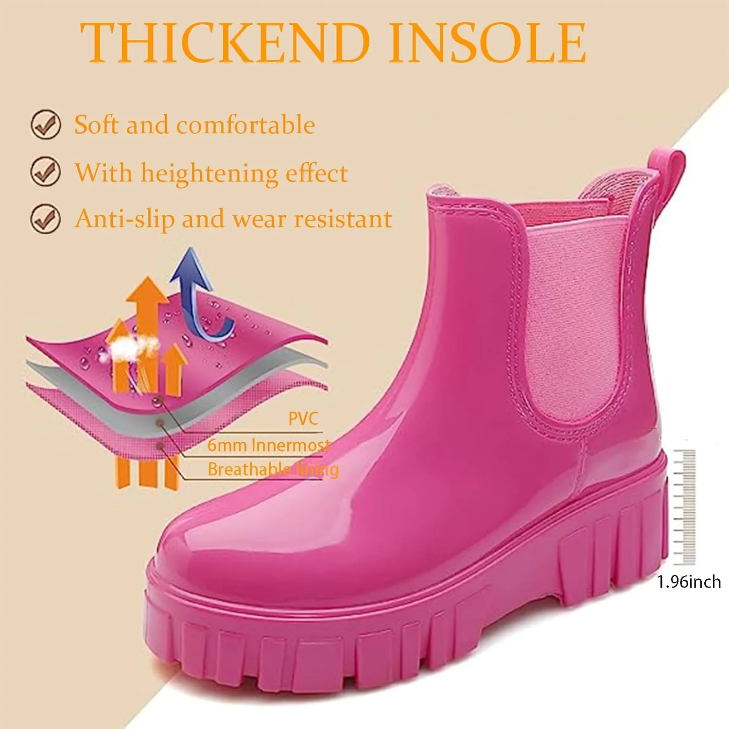 Crepuscute Women's Waterproof Platform High Top Rain Boots - Lightweight Garden Chelsea Ankle Boots With Comfortable Soft Insole for Outdoor