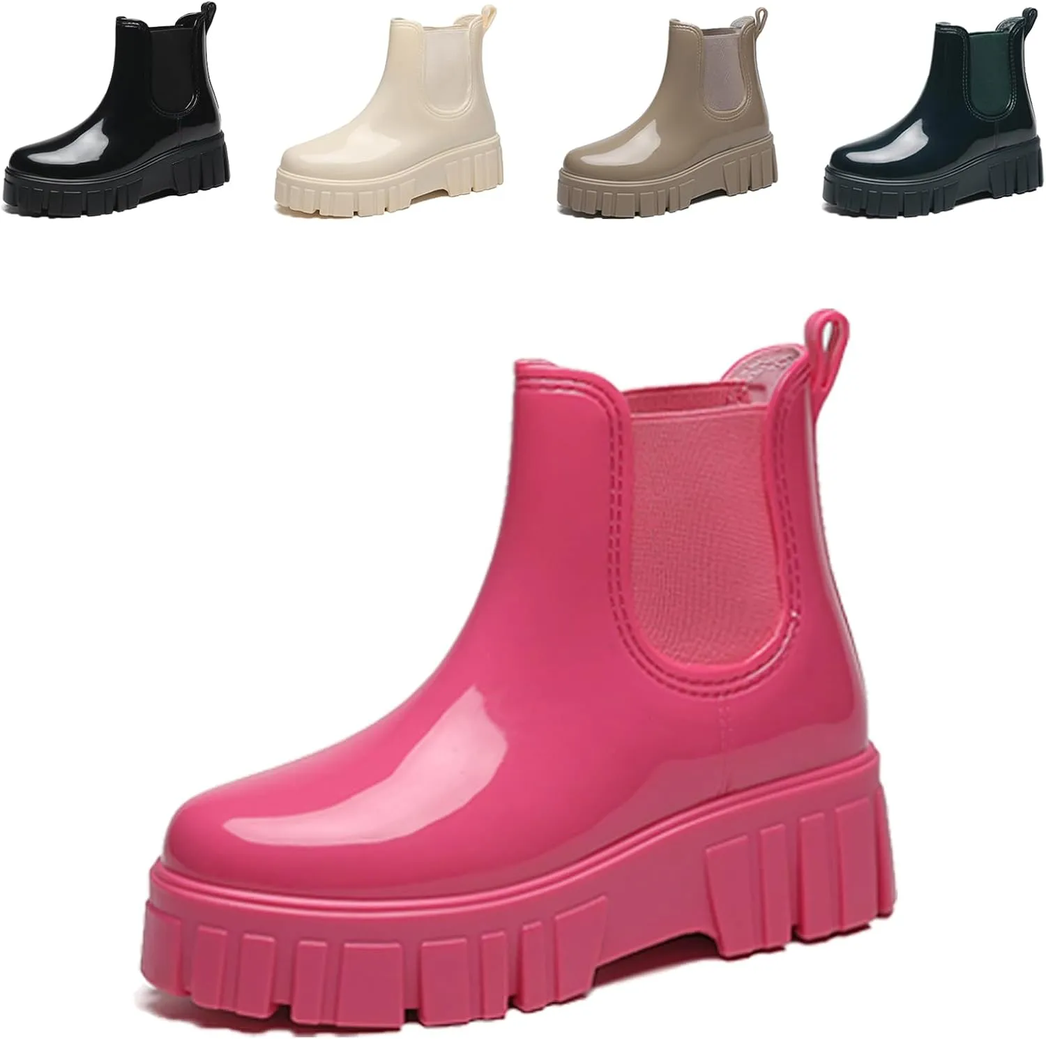 Crepuscute Women's Waterproof Platform High Top Rain Boots - Lightweight Garden Chelsea Ankle Boots With Comfortable Soft Insole for Outdoor