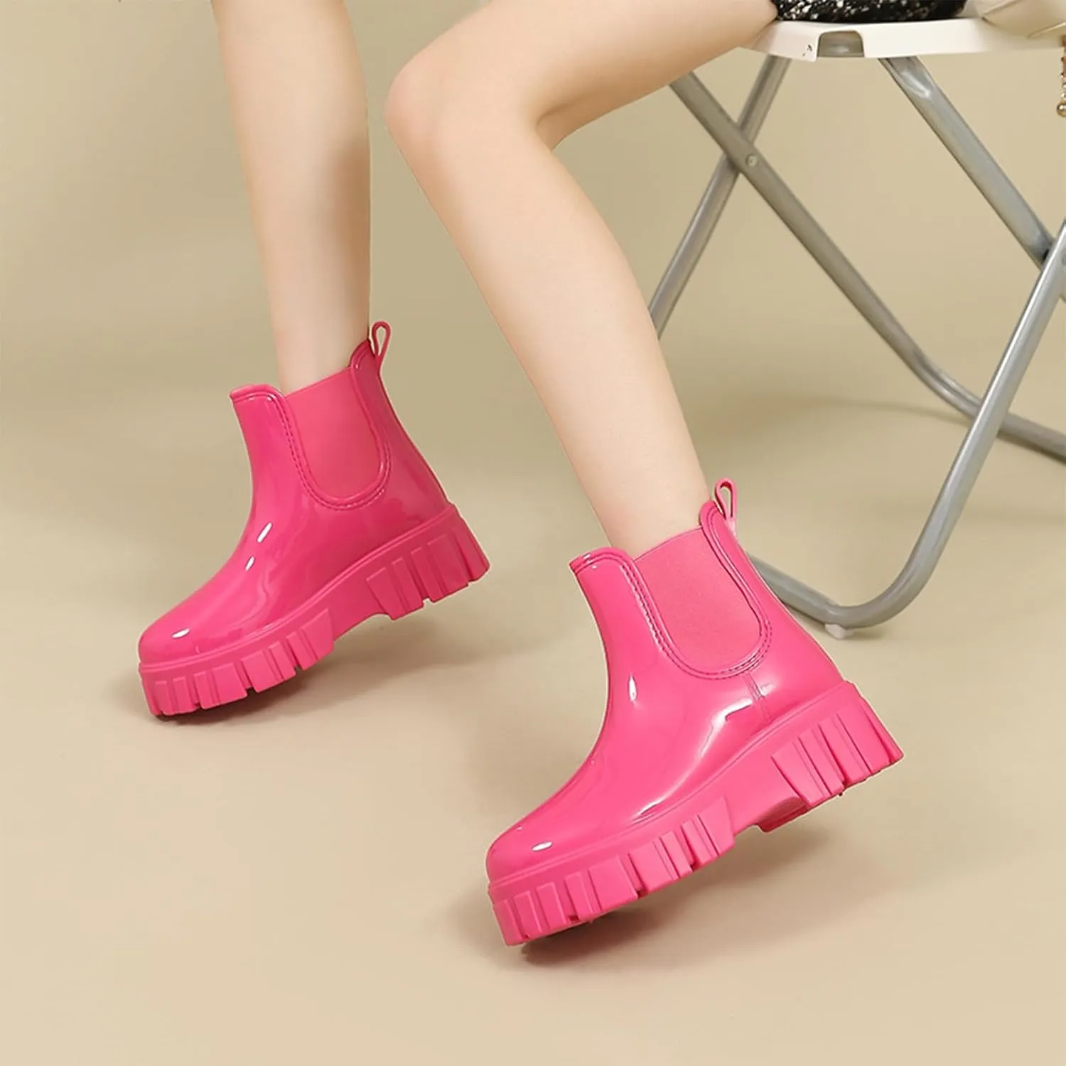 Crepuscute Women's Waterproof Platform High Top Rain Boots - Lightweight Garden Chelsea Ankle Boots With Comfortable Soft Insole for Outdoor